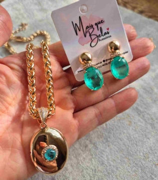 Conjunto colar relicário e brinco turmalina fusion banhado a ouro 18k