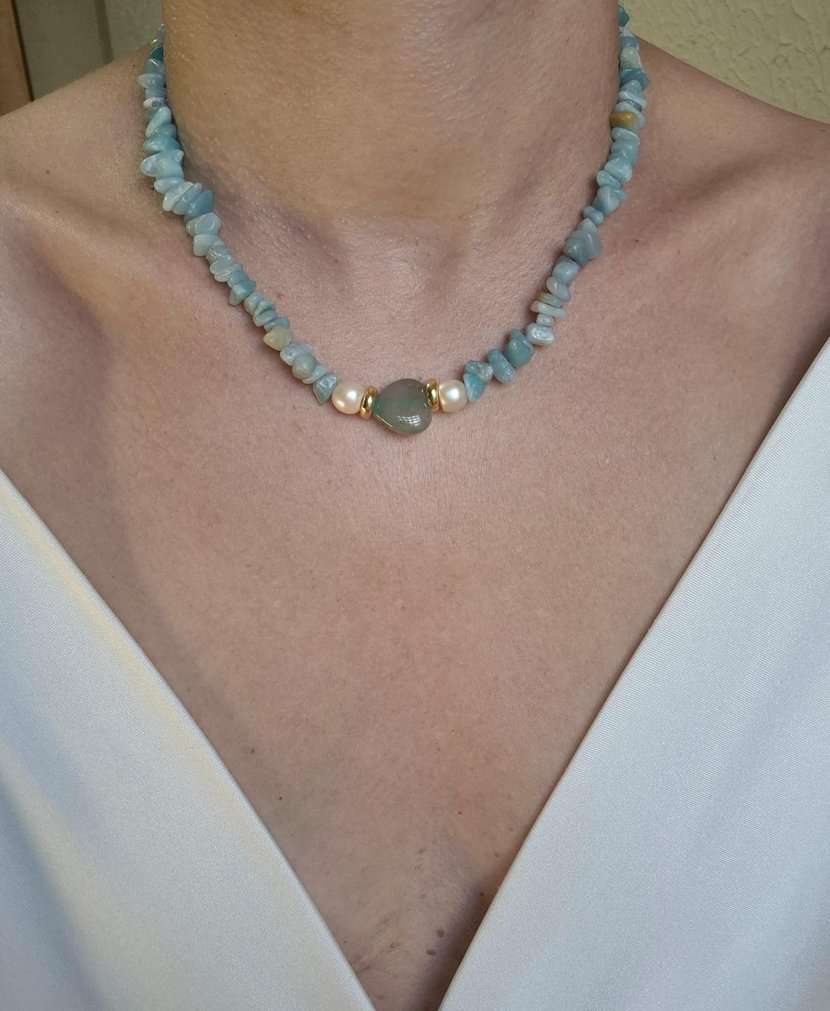 Colar amazonita coração e pérolas barrocas
