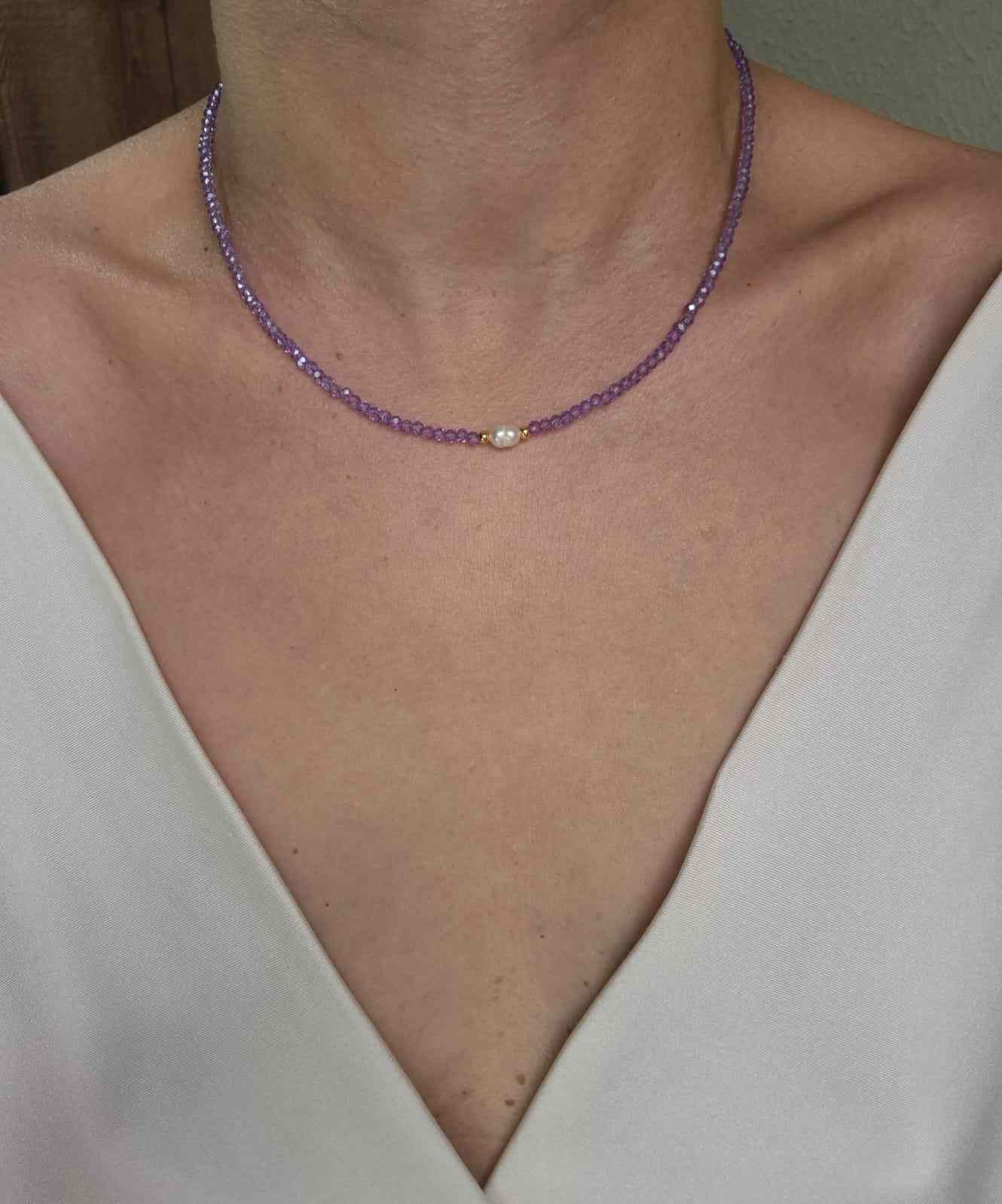 Chocker cristais lilás e pérola