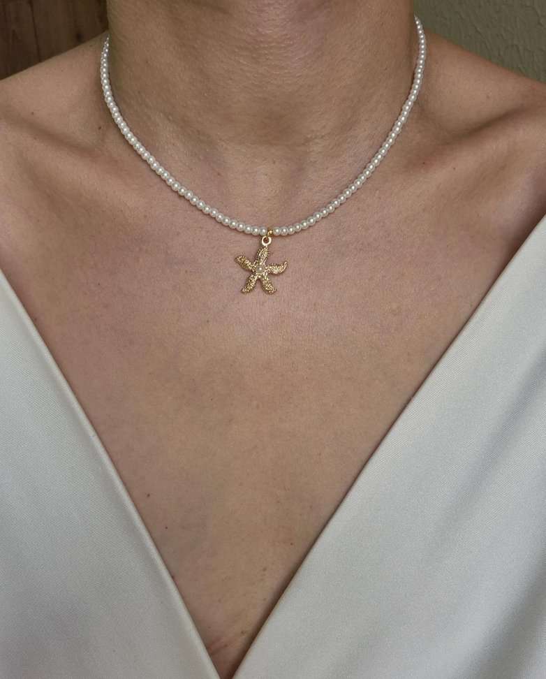 Chocker pérolas e pingente estrela do mar