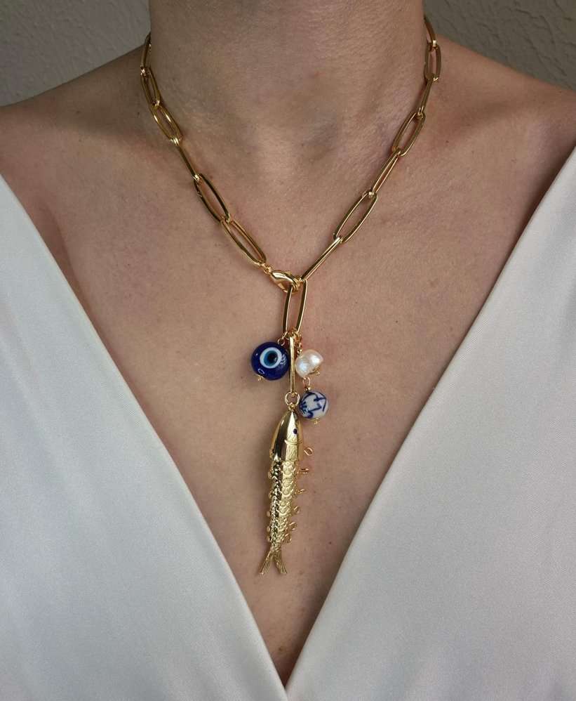 Colar corrente cartier banhada a ouro e peixe com mix de pingentes