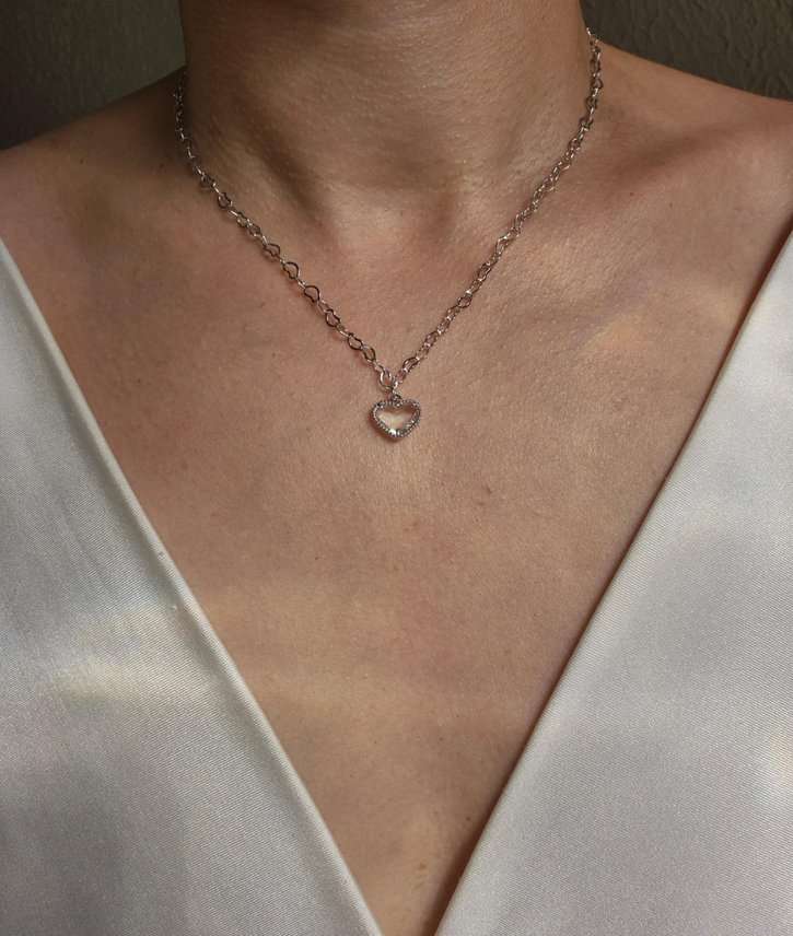 Colar corações e pingente coração cristal banhado a ródio