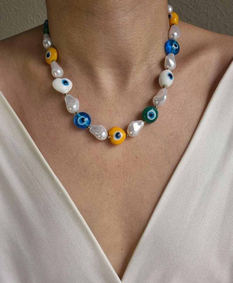 Colar pérolas e olhos gregos murano