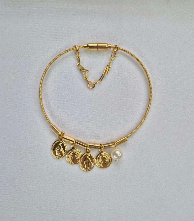 Pulseira corda de violão patuá Nossa Senhora banhada a ouro 18k