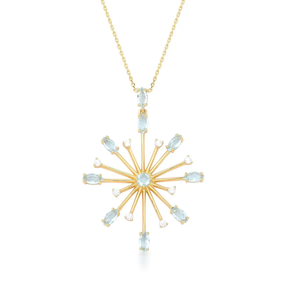 Colar com pingente flor cristais água marinha banhado a ouro 18k