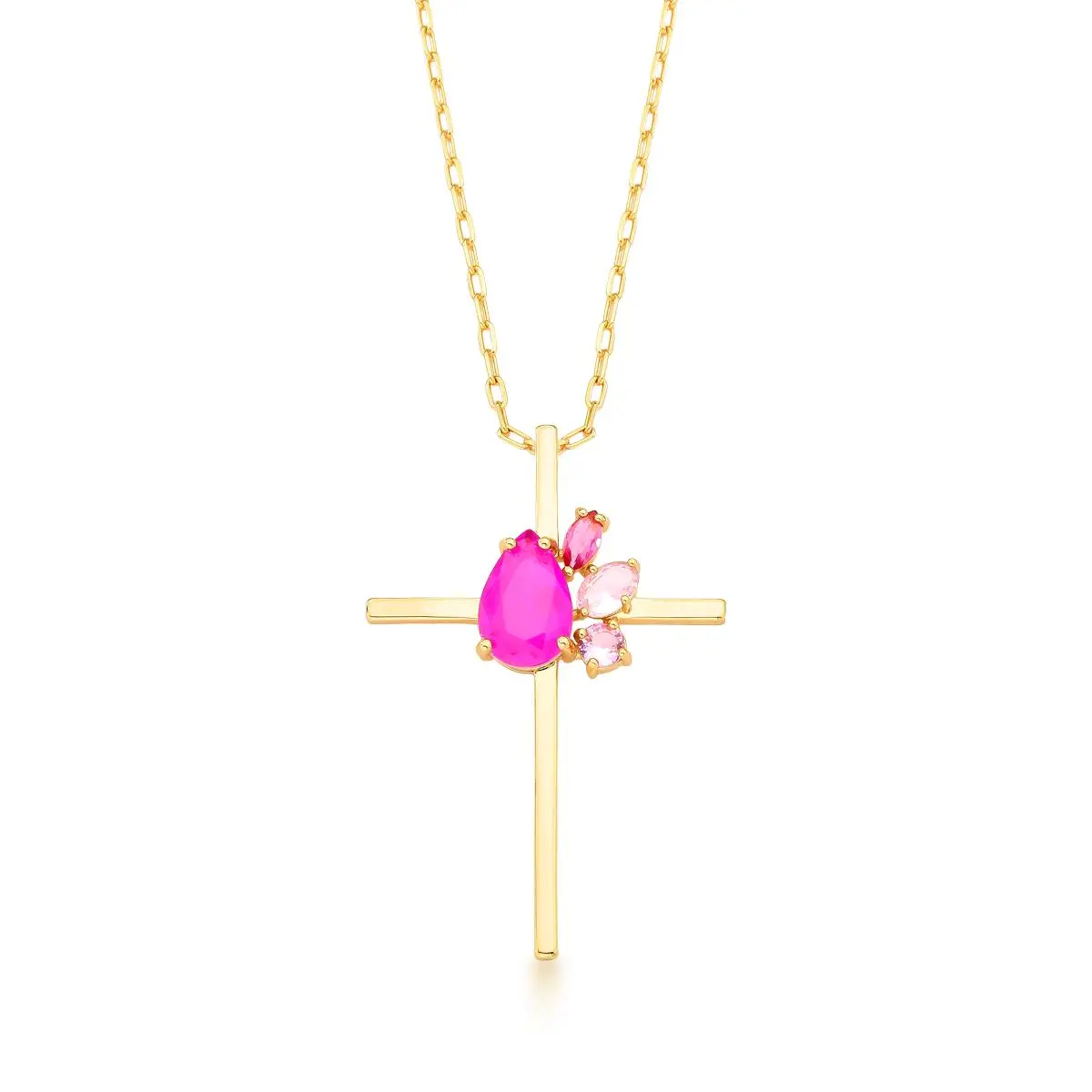 Colar com pingente cruz cristais rosa banhado a ouro 18k