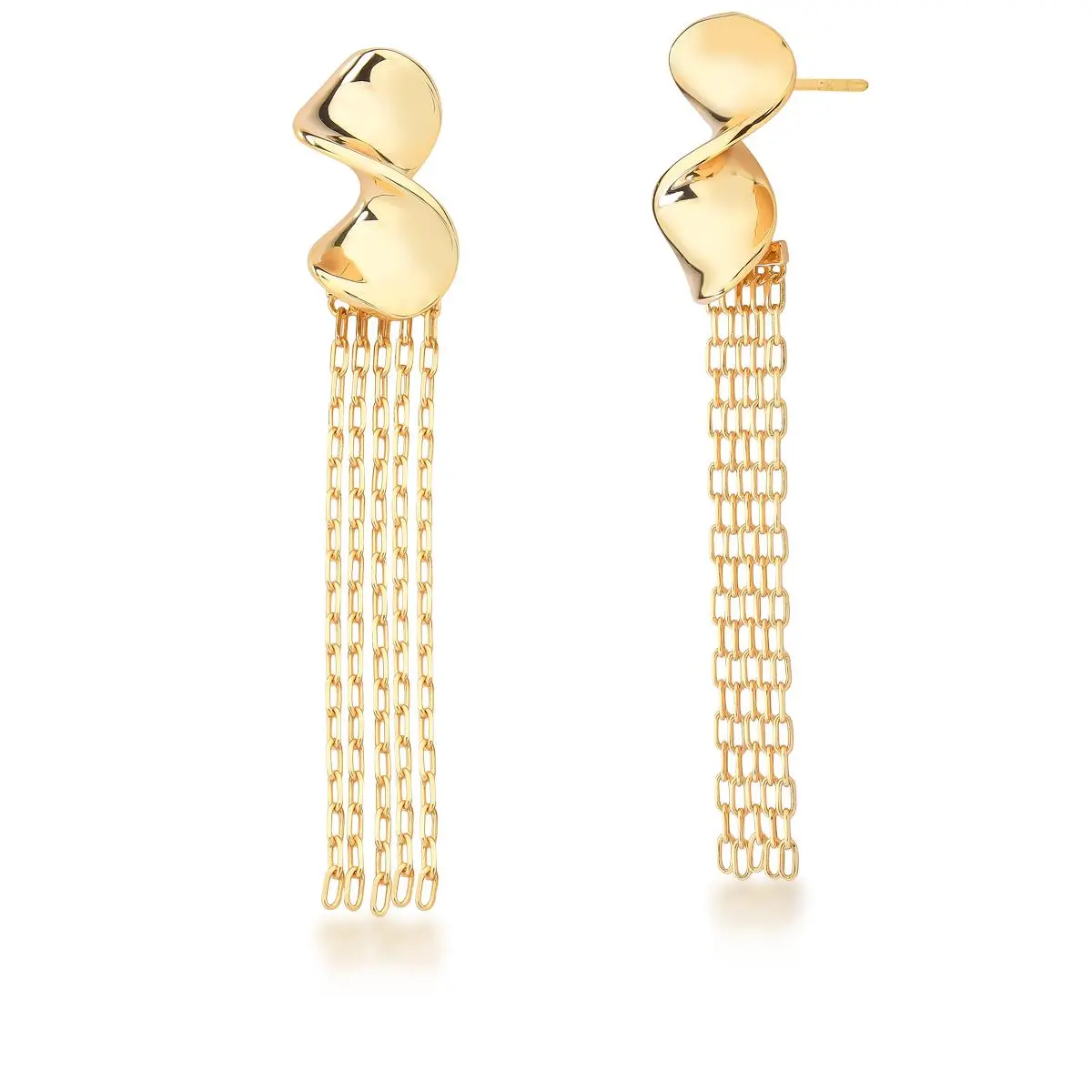 Brinco 2 em 1 torcido com franjas banhado a ouro 18k