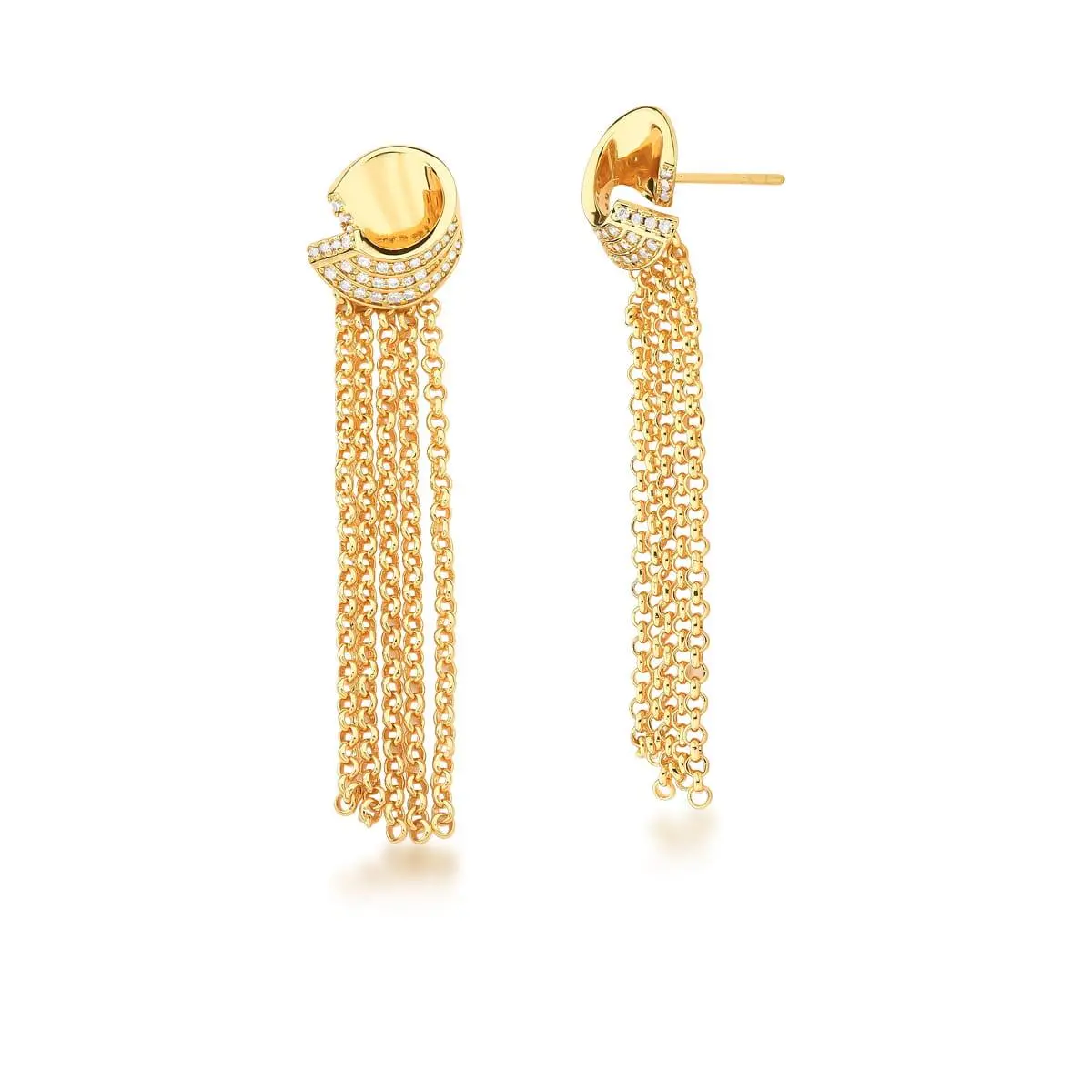 Brinco curvo cravejado com franjas banhado a ouro 18k