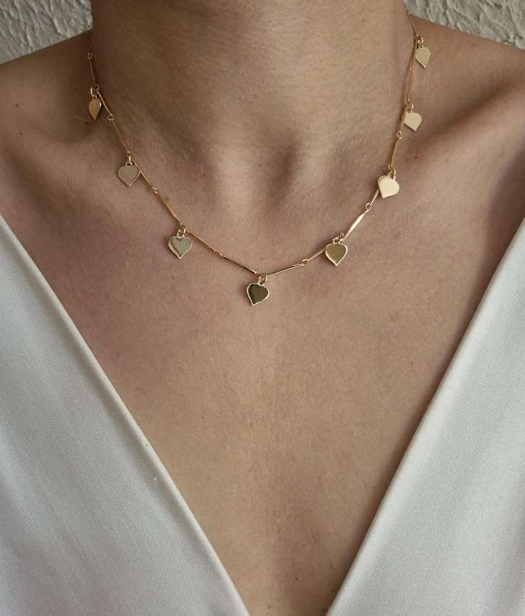 Colar pingentes corações banhado a ouro 18k