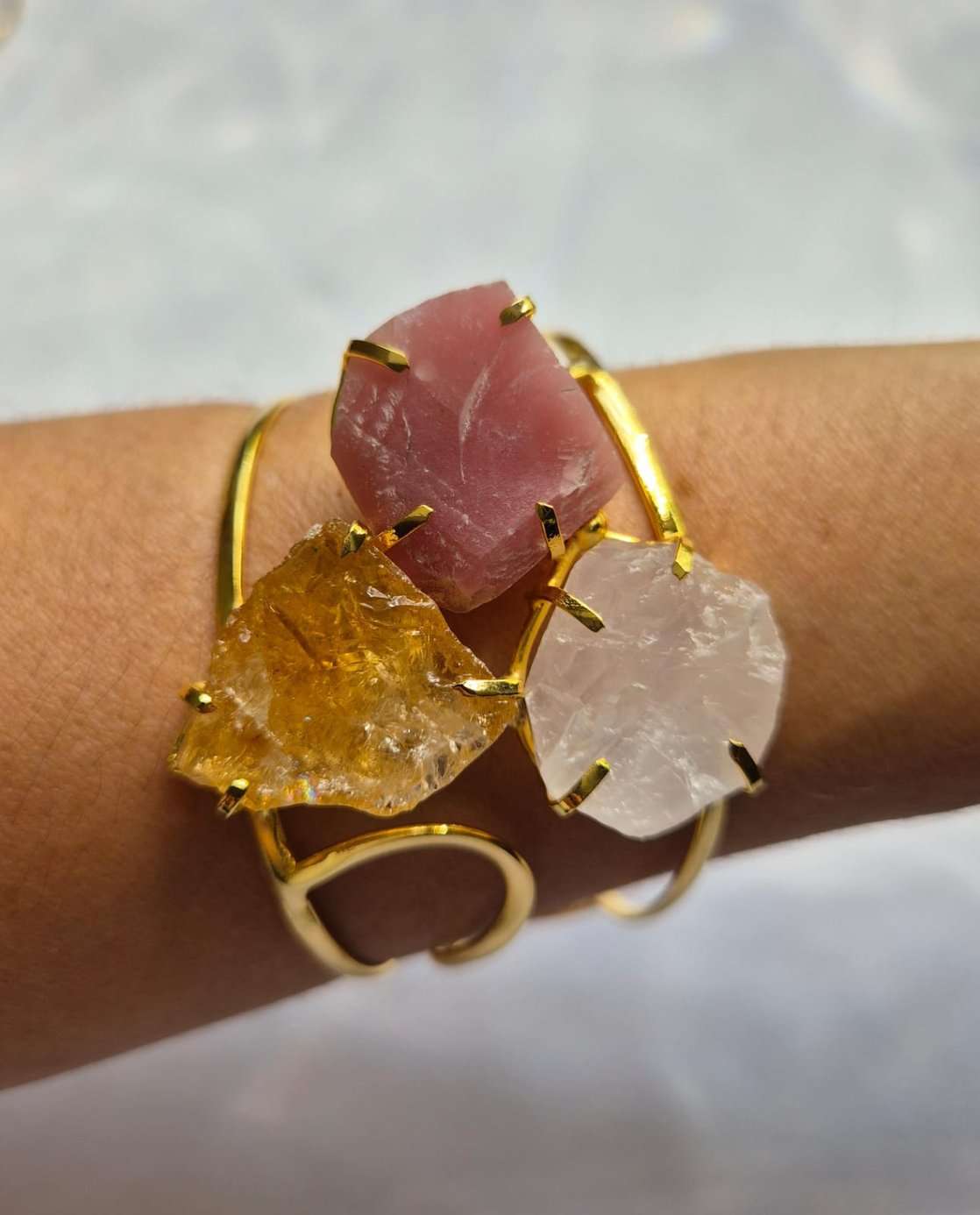 Bracelete citrino cristal e turmalina rosa banhado a ouro 18k