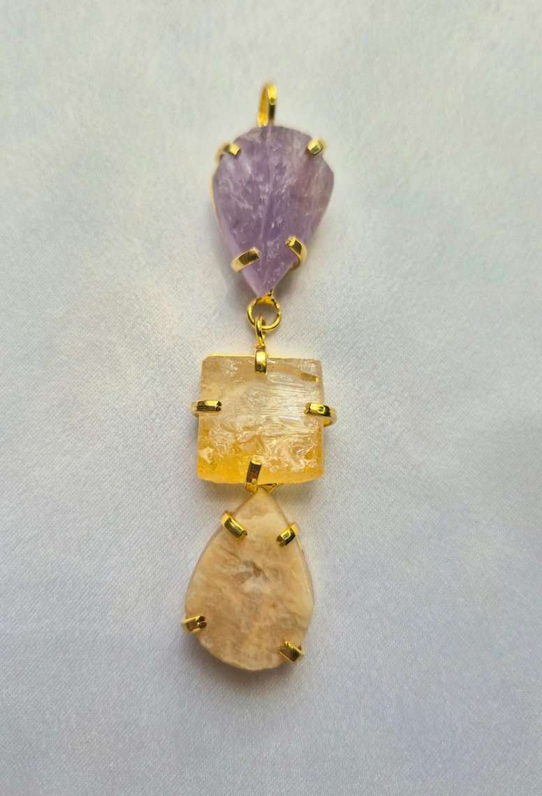 Pingente pendulo ametista, citrino e amazonita bege