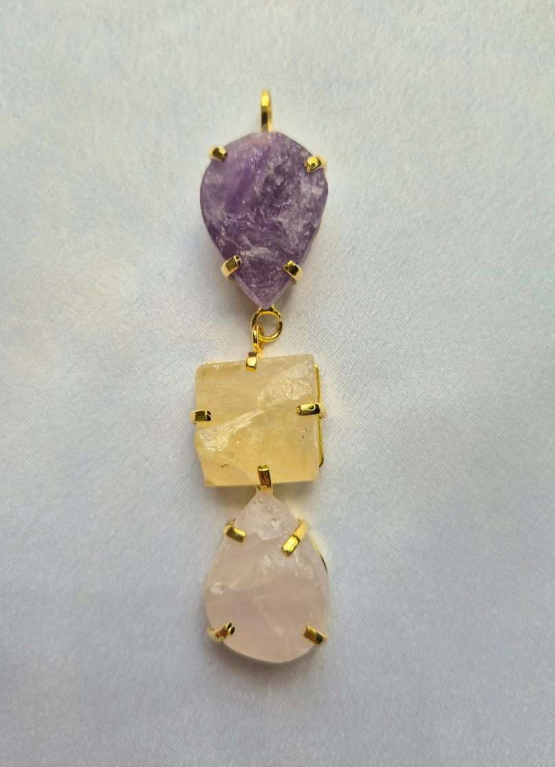 Pingente pendulo ametista, citrino e quartzo rosa