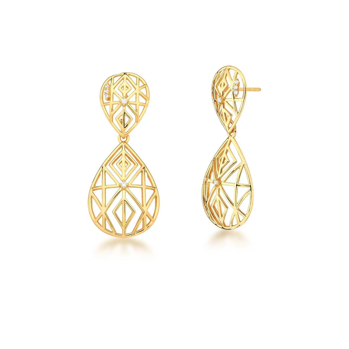 Brinco gota dupla vazada banhado a ouro 18k