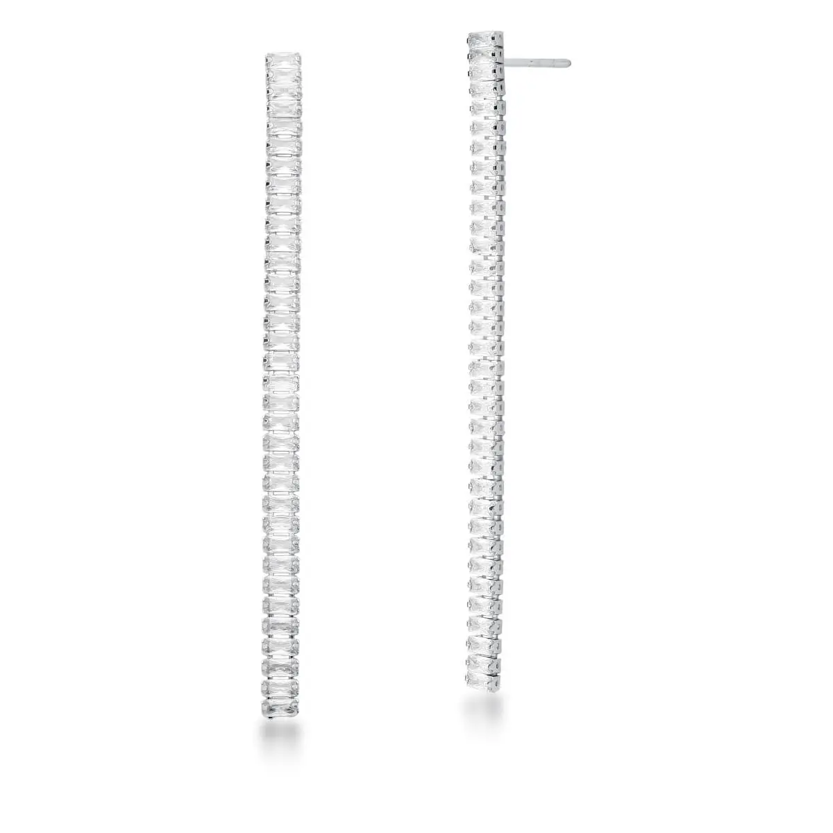 Brinco longo zirconias baguete banhado a ródio