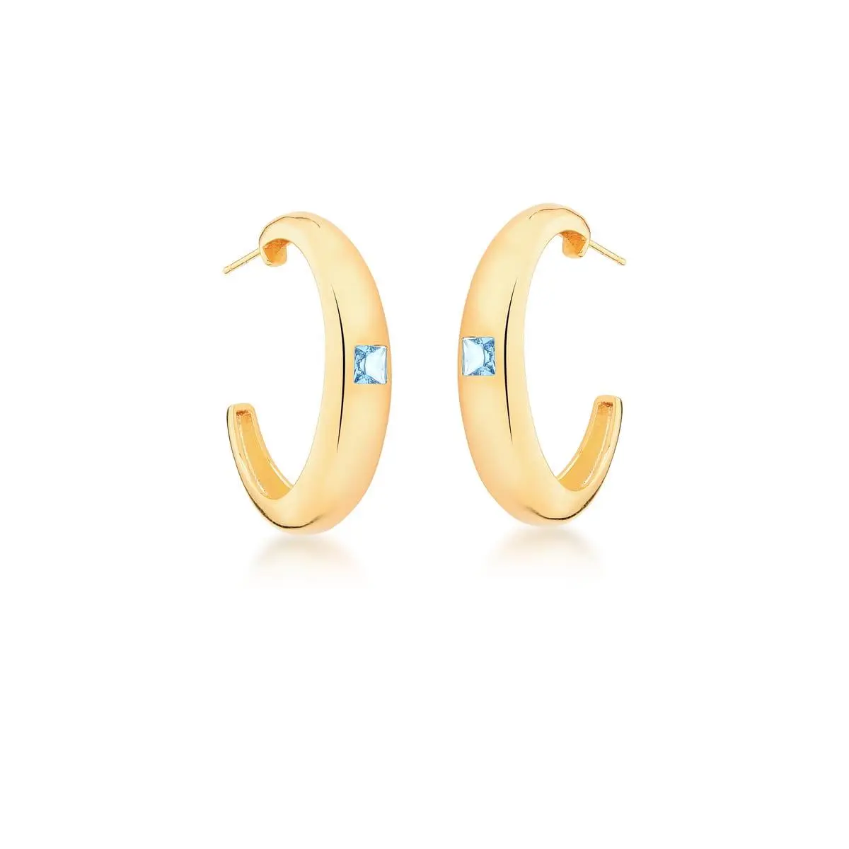Brinco meia argola lisa cristal azul banhado a ouro 18k