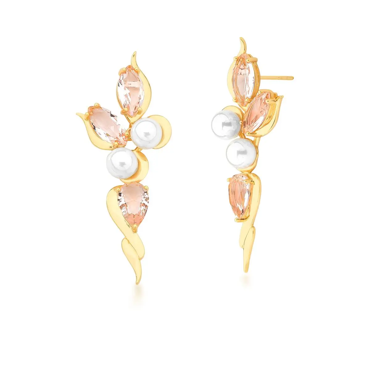 Brinco pingente curvo cristais e pérolas shell banhado a ouro 18k