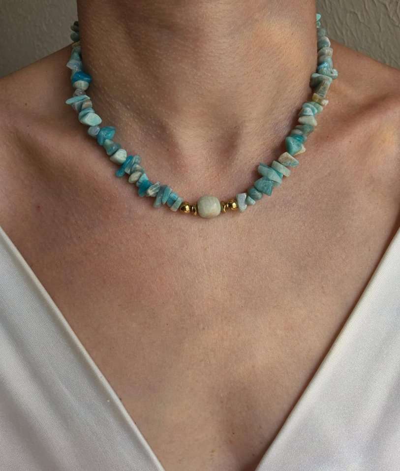 Colar amazonita e hematita dourada