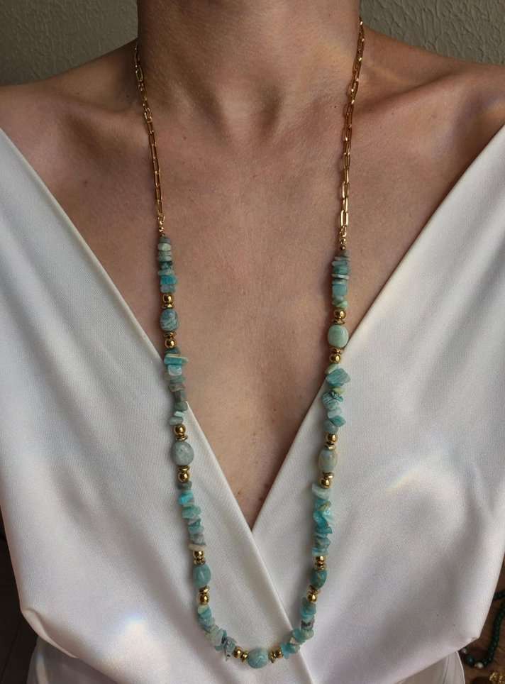 Colar longo amazonita e hematita dourada