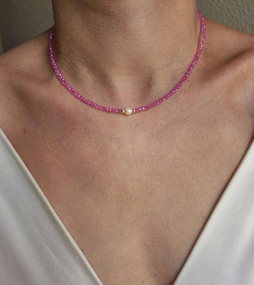 Chocker cristais pink e pérola