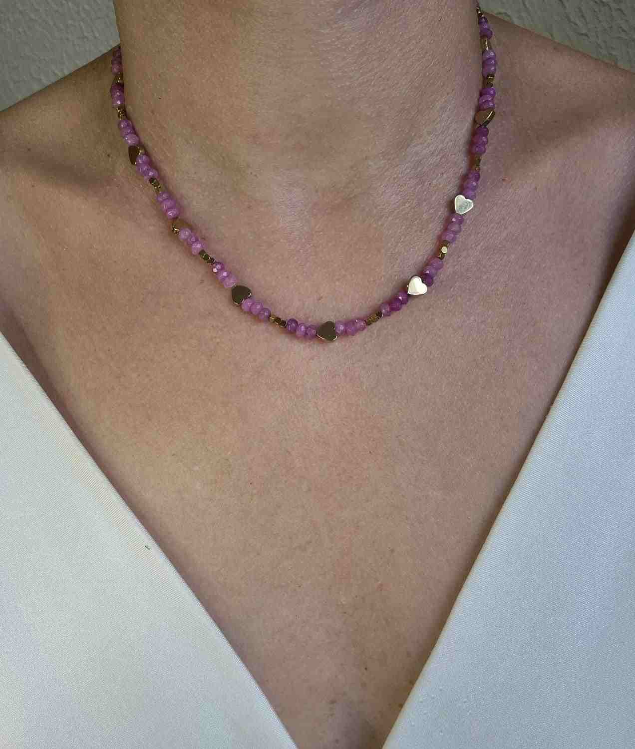 Colar jade rosa e corações hematita