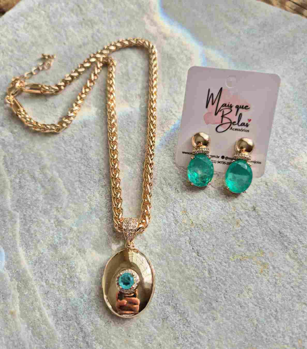 Conjunto colar relicário e brinco turmalina fusion banhado a ouro 18k