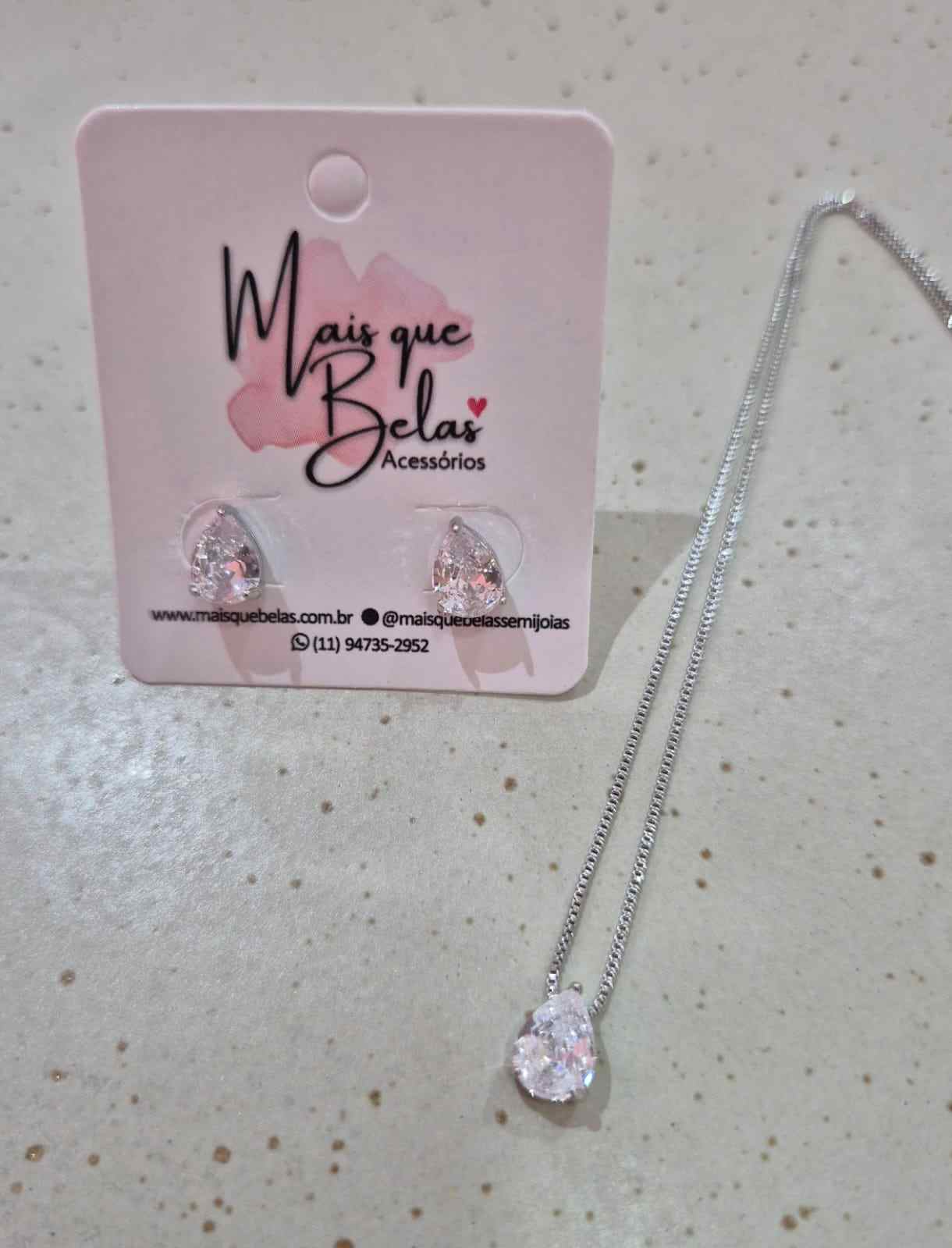 Conjunto colar e brinco gotinha banhado a ródio