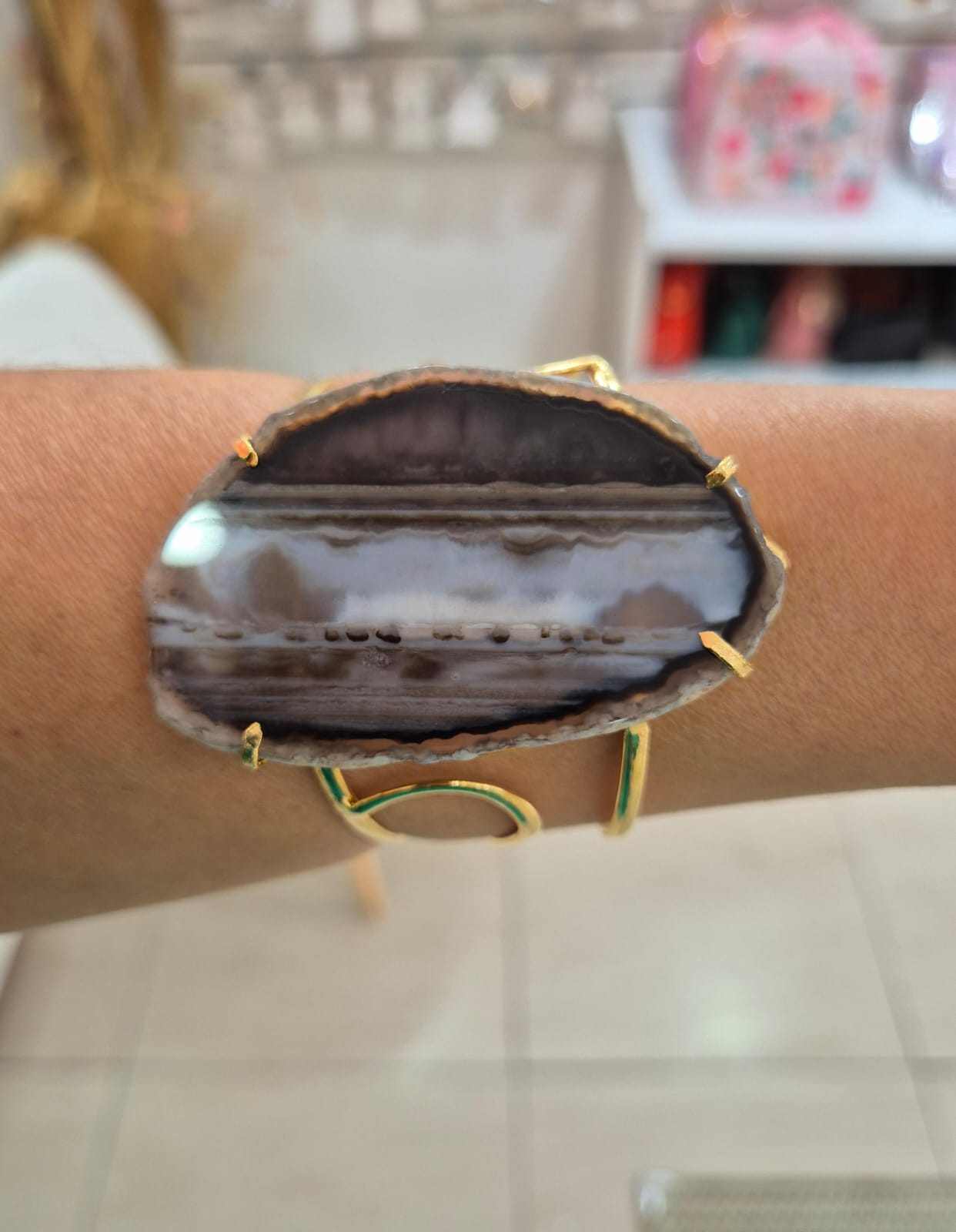 Bracelete ágata preta banhado ouro 18k