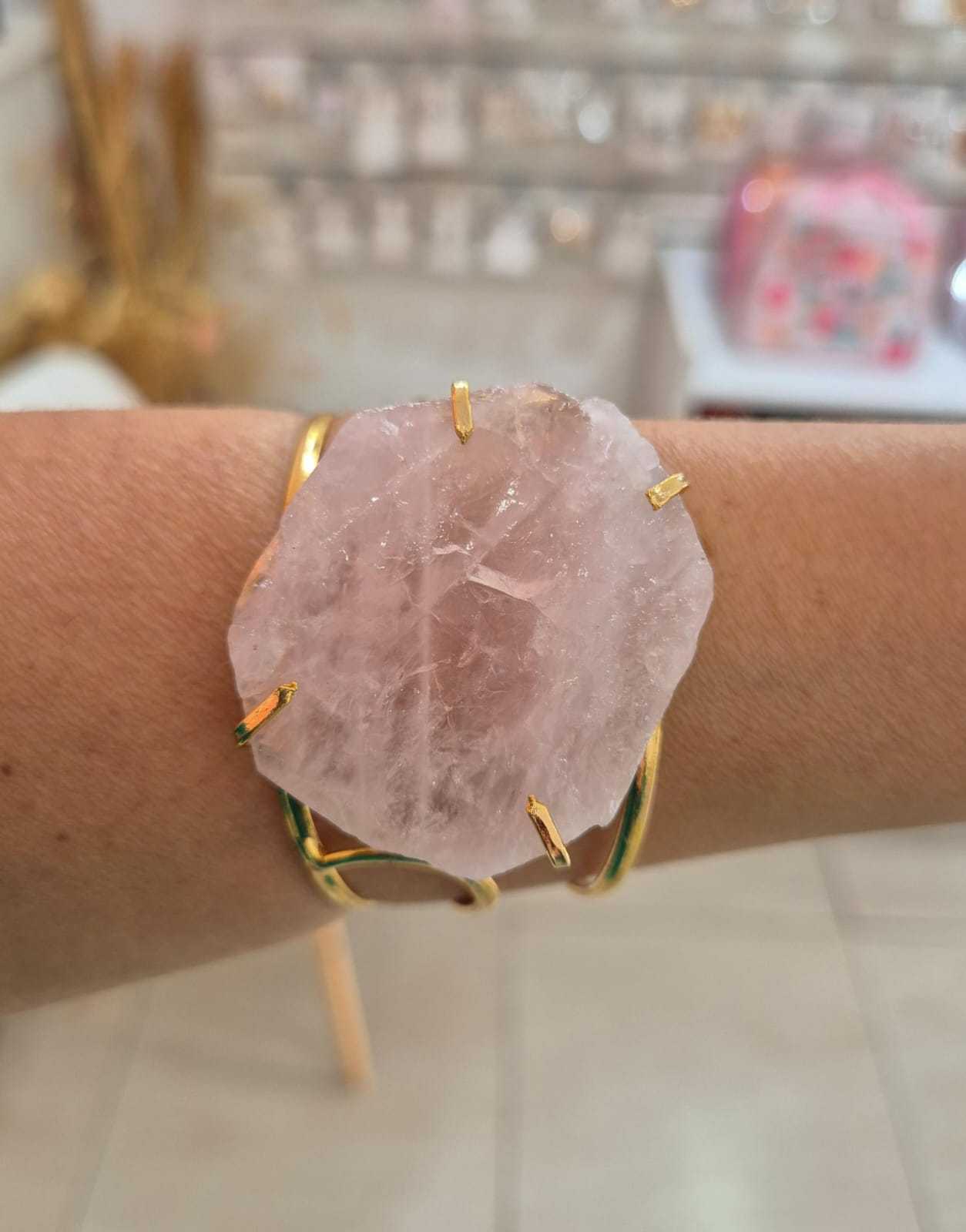 Bracelete quartzo rosa banhado ouro 18k