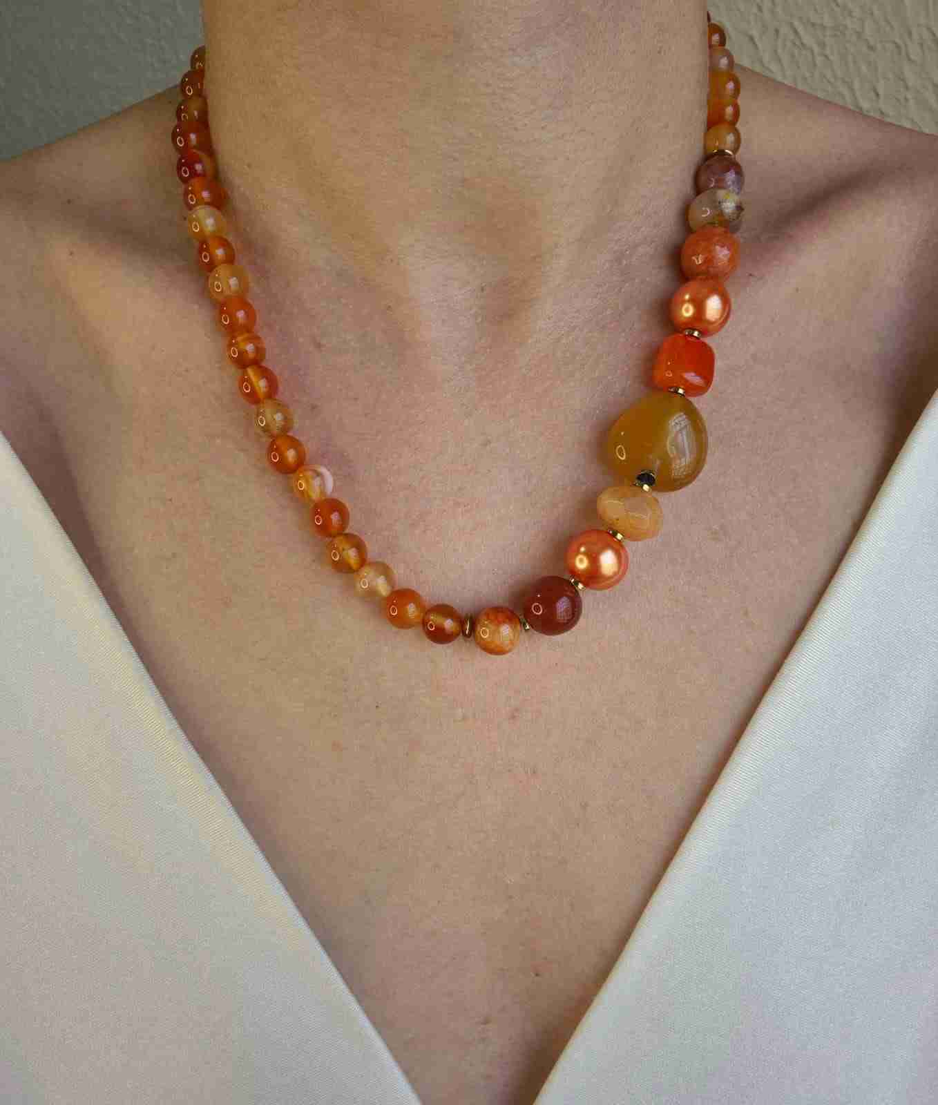 Colar  ágata laranja e mix pedras e pérola shell