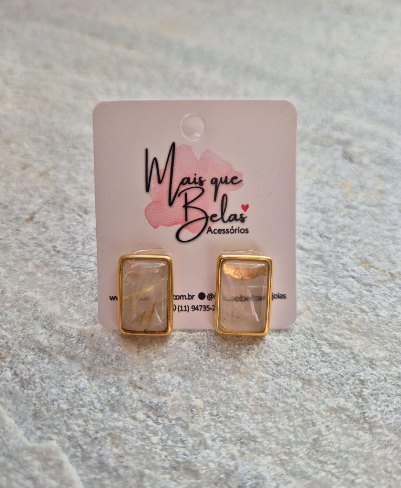 Brinco retangular rutilo banhado a ouro 18k