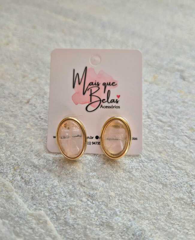 Brinco oval quartzo rosa banhado a ouro 18k