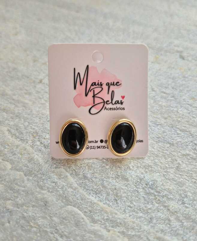 Brinco oval ágata preta banhado a ouro 18k
