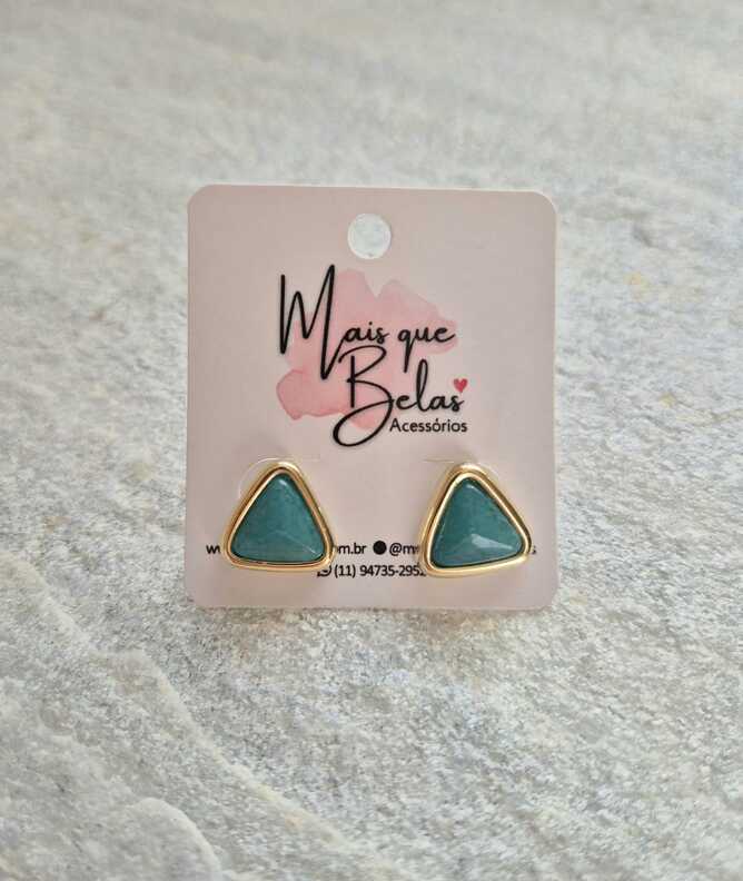Brinco triangulo ágata azul banhado a ouro 18k