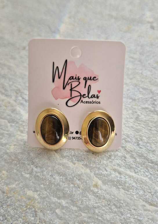 Brinco oval olho de tigre banhado a ouro 18k