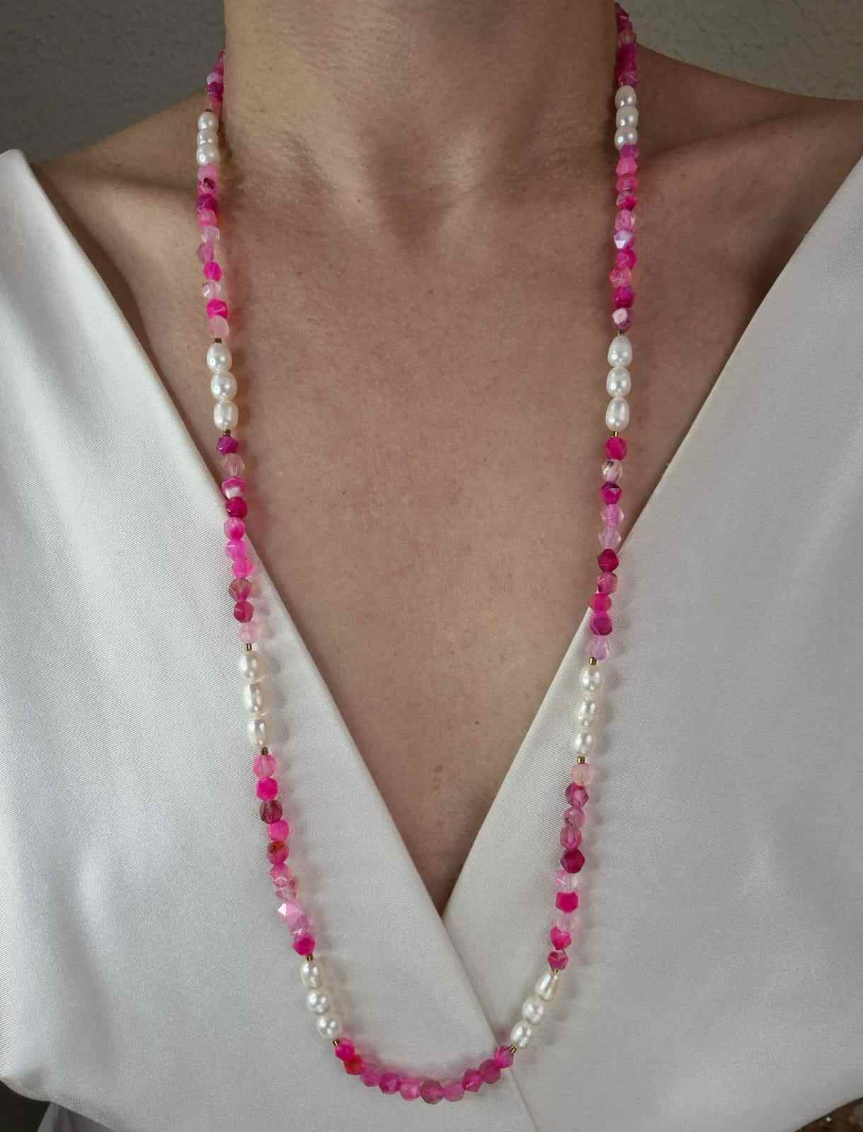Colar  longo ágata pink e pérolas barrocas