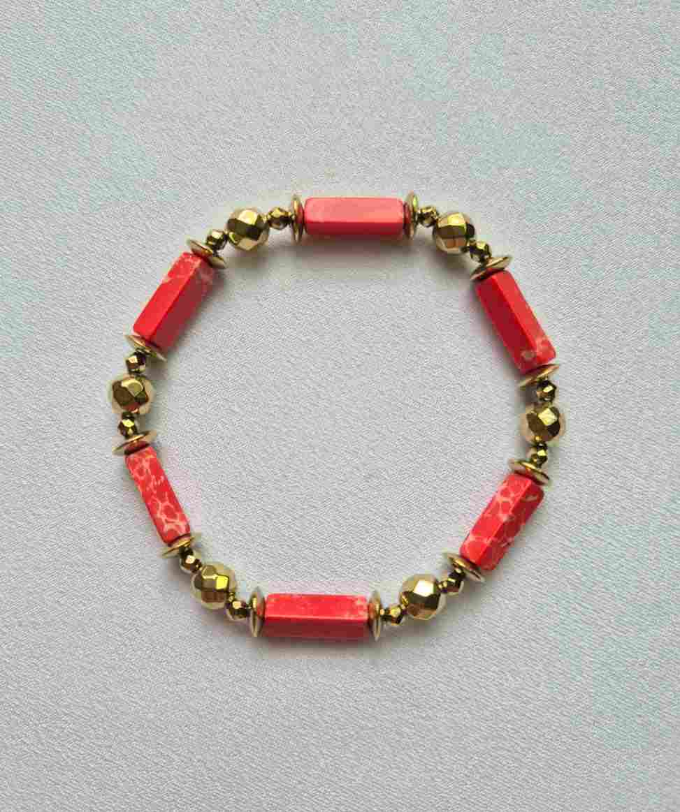 Pulseira jaspe vermelho e hematitas douradas