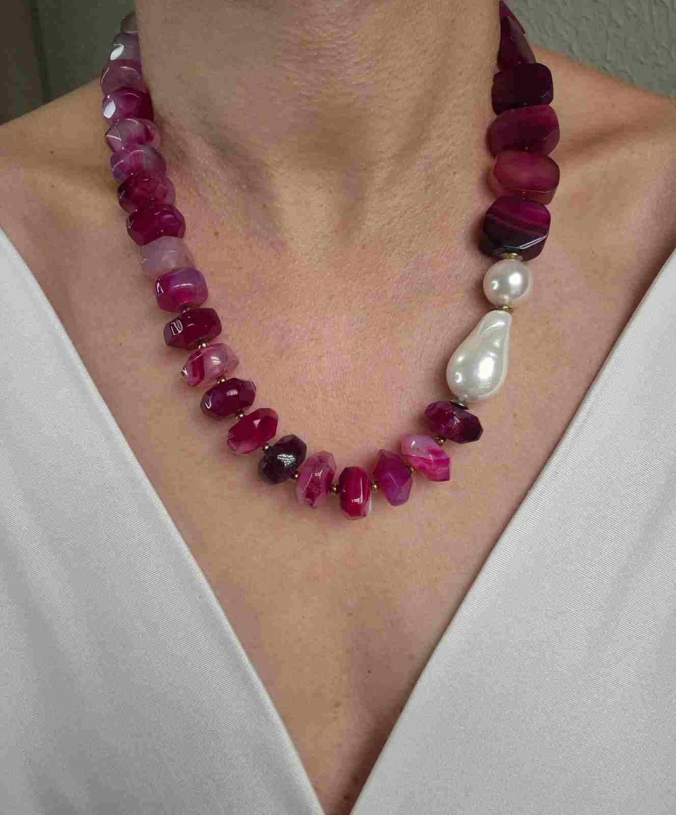 Colar mix ágatas pink e pérolas shell