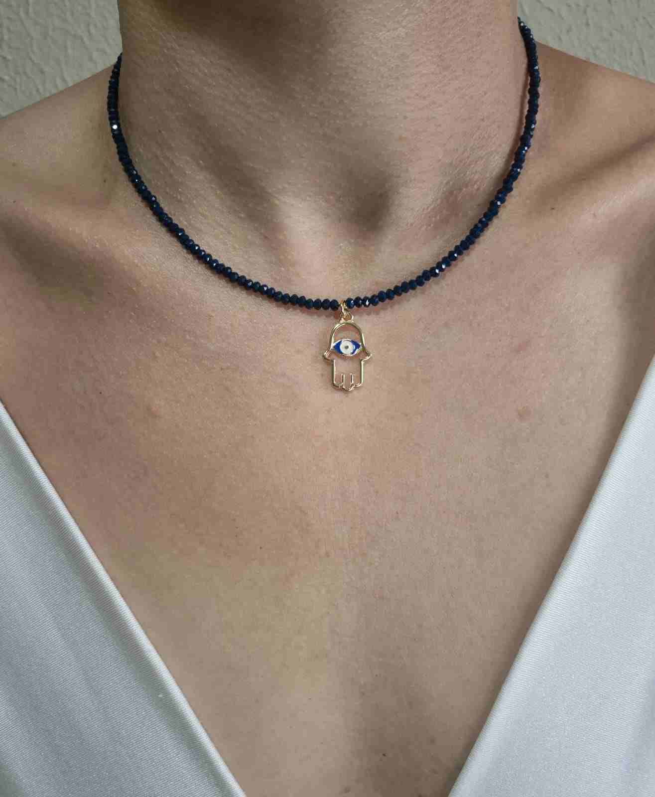 Chocker cristais azul escuro e olho grego