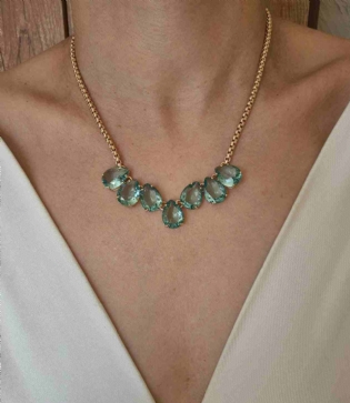 Conjunto colar e brinco cristais azuis banhado a ouro 18k